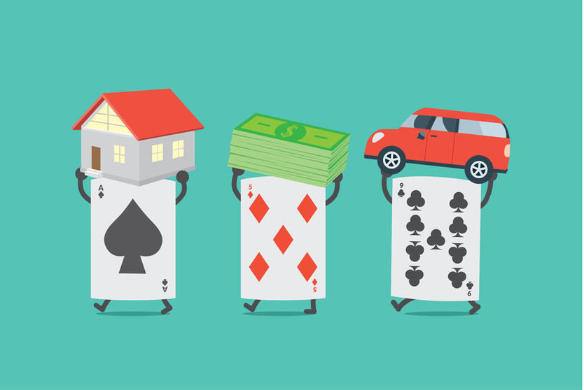 68705907 - poker card lifting home and money and car. this illustration description to seize asset because gambling.