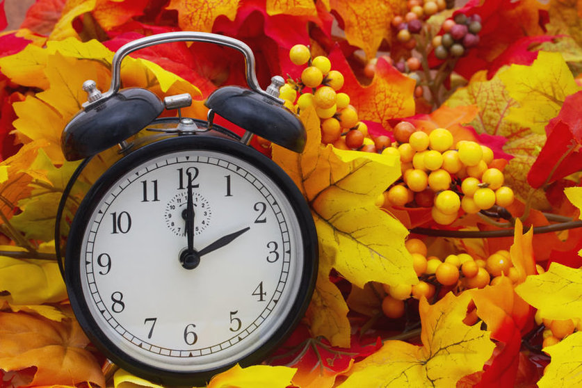 46460518 - autumn time change, autumn leaves and alarm clock