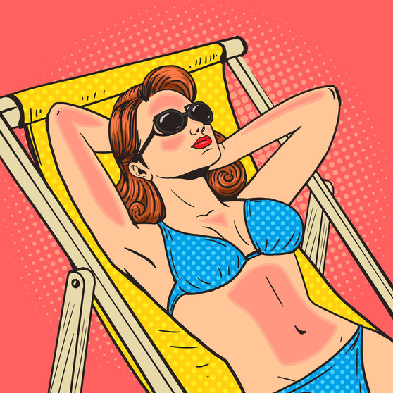 52292342 - woman got a sunburn on the beach pop art style vector illustration. sunbathing on beach. comic book style imitation. vintage retro style. conceptual illustration